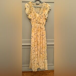 Light yellow floral sleeveless maxi dress with ruched/elastic waist, size L